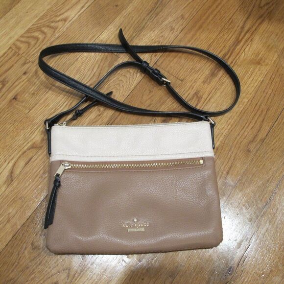 KATE SPADE NEW YORK jackson gabriele crossbody bag zip tan white leather 8x10 - Picture 2 of 16
